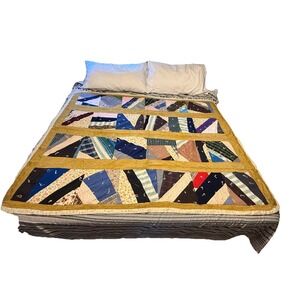 Vintage Handmade Quilt Patchwork Log Cabin Crazy Colorful Satin 74"x61" As Is‎